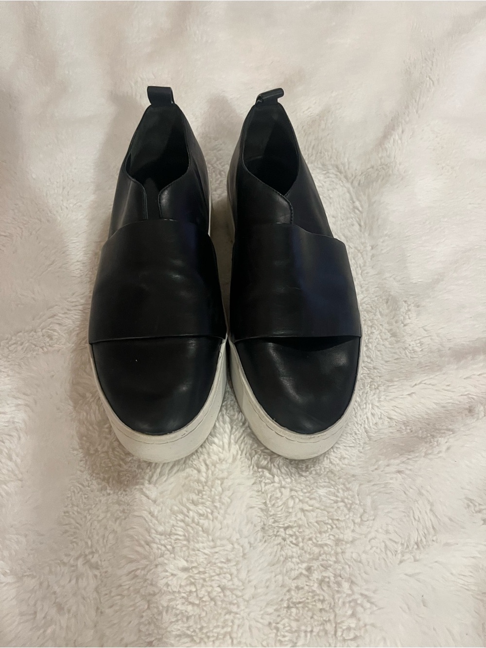 Vince Black Leather Slip-On Loafers with White Platform Sole